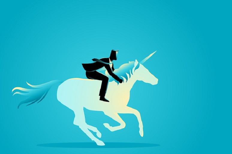 Illustration of businessman riding a unicorn