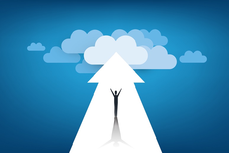 Illustration of man, and an arrow pointing to lots of clouds