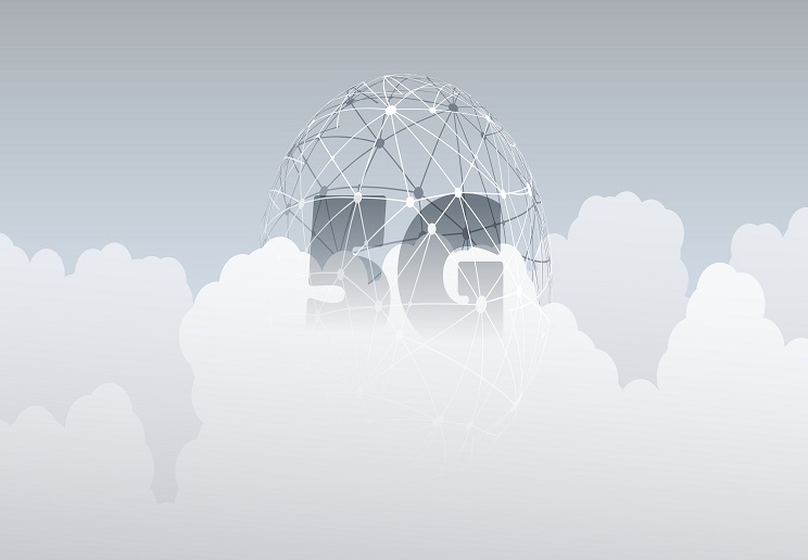 5G Network Label with Wireframe Globe - High Speed, Broadband Mobile Telecommunication and Wireless Systems Design Concept