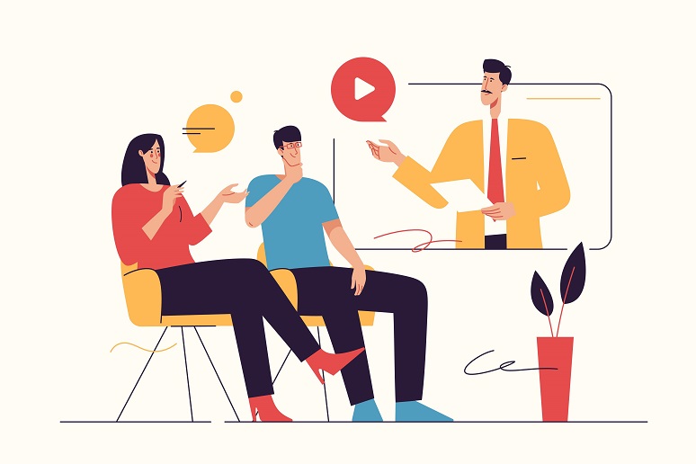 Employees in a video meeting