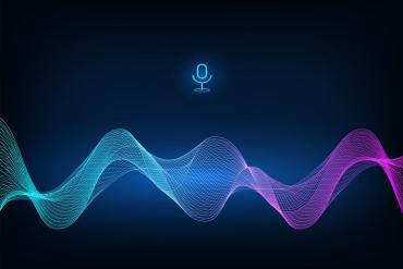 Voice assistant concept. Microphone voice control technology, voice and sound recognition. Vector sound wave. High-tech AI assistant voice, background