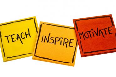 Picture with three squares: teach, inspire, motivate
