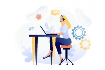 An illustration of a woman wearing a headset working on a computer