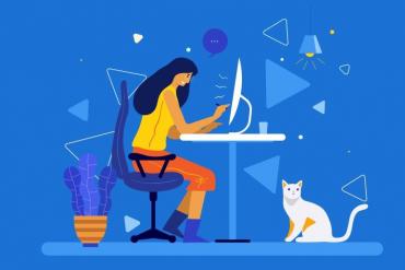 Illustration of young woman working from home, with cat